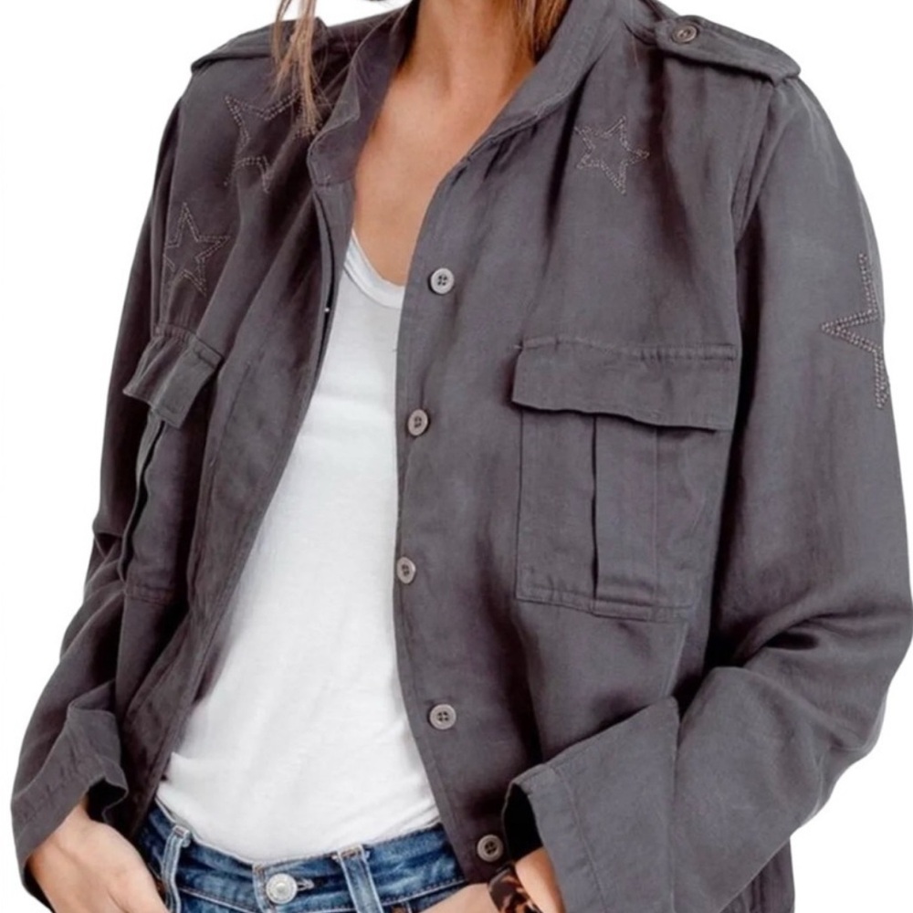 Rails Rowen Dark Grey Star Embroidered Linen Jacket Military Relaxed Fit Size XS